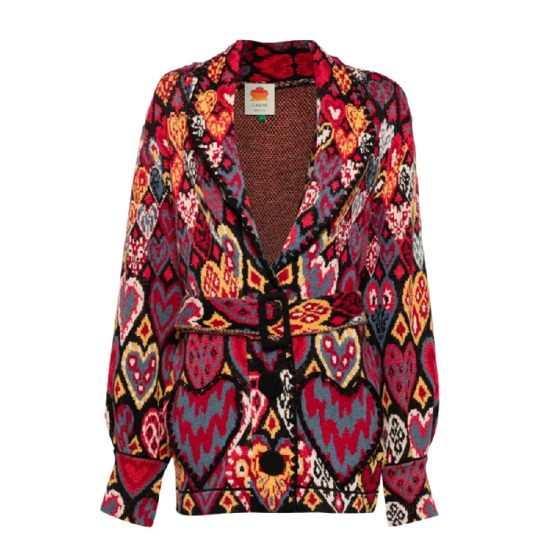 Farm Rio Women's Knit Blazer, Hearts Ikat Black Blazer with Shoulder Pads