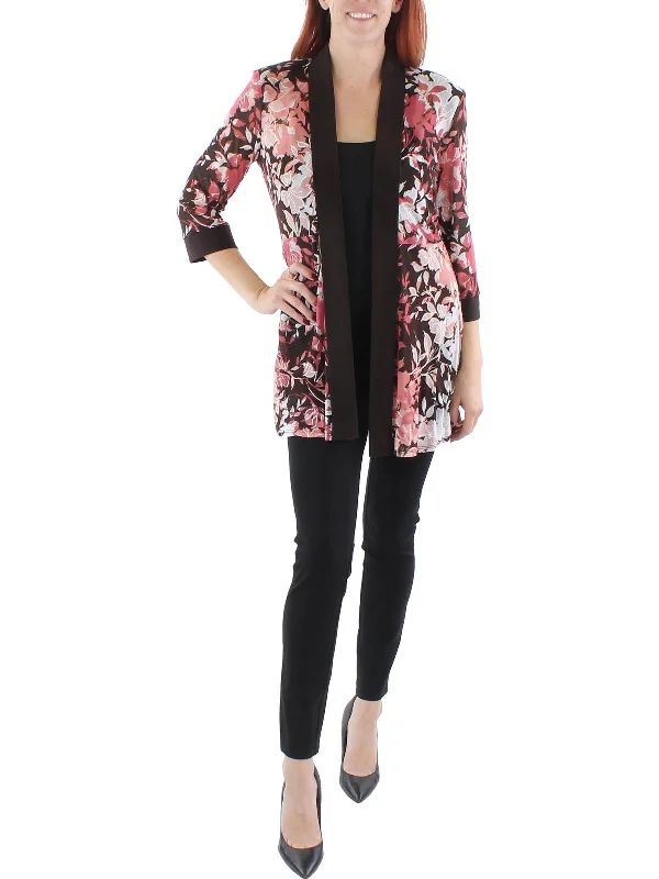 Womens Floral Print Midi Open-Front Blazer Modern Work Blazer