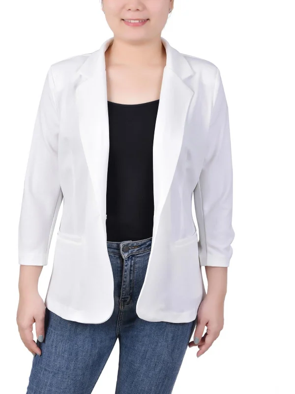 Petites Womens Stretch Scuba One-Button Blazer Faux Leather Blazer