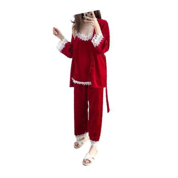 Best Nightwear in winter  3 Piece Velvet Pajama Set For Women Polyester pajama sets