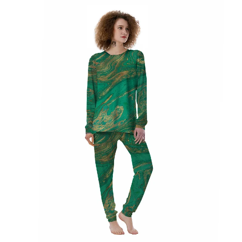 Marble Liquid Green Gold Print Women's Pajamas Cozy pajama sets