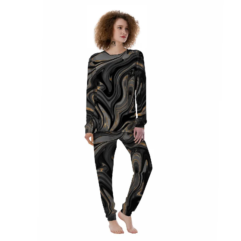 Marble Liquid Grey Gold Print Women's Pajamas Linen pajama sets