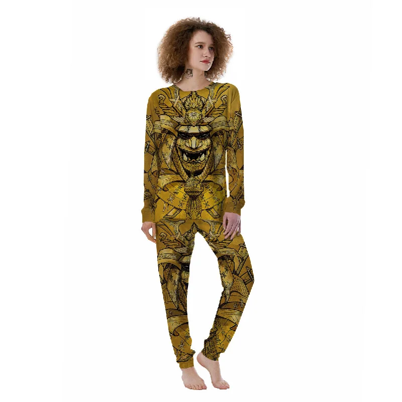 Mask Samurai Gold Print Women's Pajamas Linen pajama sets