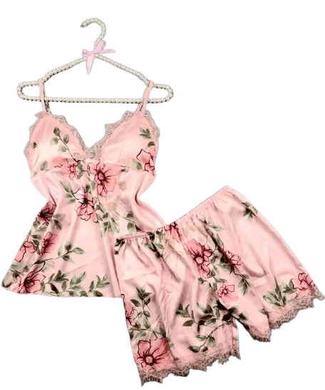 Silk Print Camisole Shorts Bow Set Sleepwear For Women Pajama sets under $50