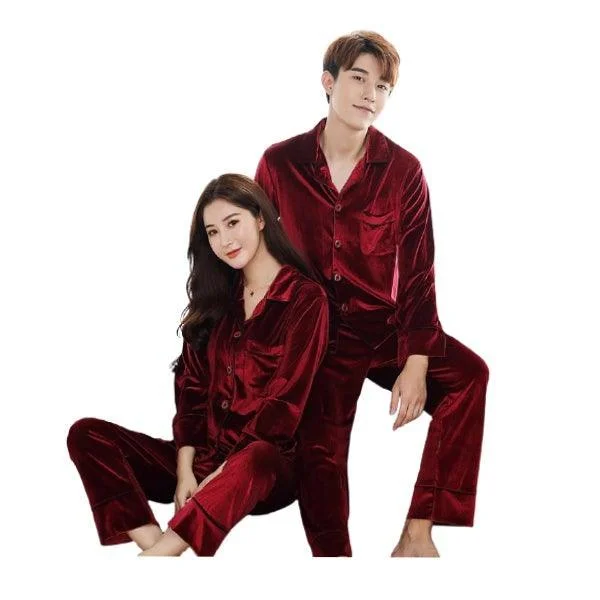 Winter Velvet Long Sleeved Shirt Pajama Set For Couples Fornt open Shirt With Trouser Sleepwear Best pajama sets for cold weather