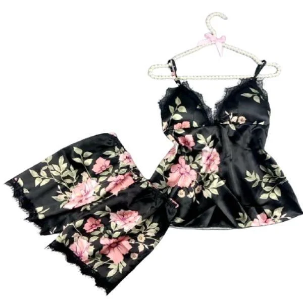 Women Lace Silk Print Camisole Shorts Bow Set Sleepwear For Women Floral pajama sets