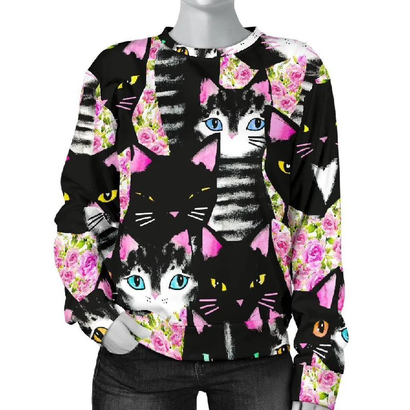 Black Cat Pattern Print Women's Sweatshirt Soft-touch sweaters