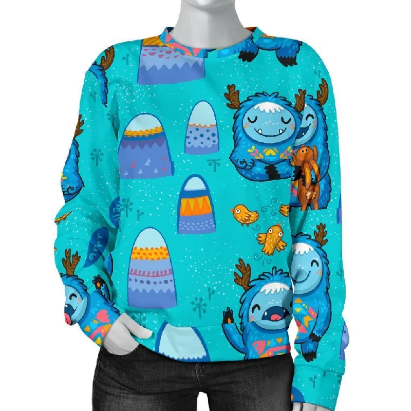 Blue Bigfoot Pattern Print Women's Sweatshirt Elegant sweaters