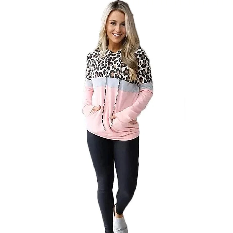 Leopard Print Long-Sleeved Hooded Stitching Padded Sweater Fall sweaters