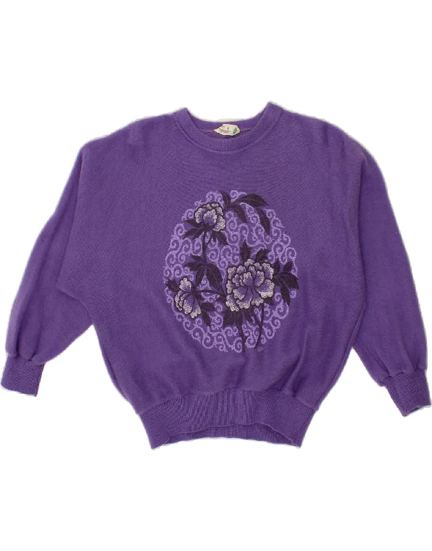 VINTAGE Womens Batwing Crew Neck Jumper Sweater UK 14 Medium Purple Floral Lightweight sweaters for spring