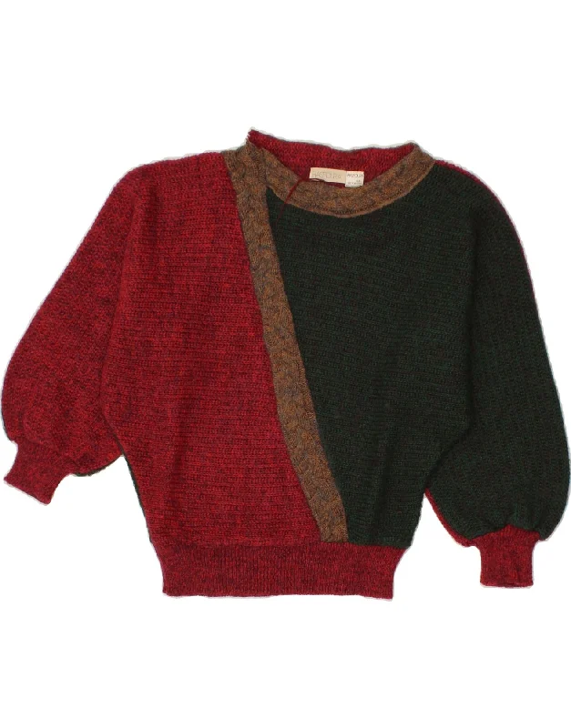 VINTAGE Womens Boat Neck Jumper Sweater UK 14 Medium Burgundy Colourblock Chunky knit sweaters