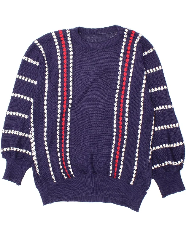 VINTAGE Womens Crew Neck Jumper Sweater UK 14 Medium Navy Blue Striped Water-resistant sweaters