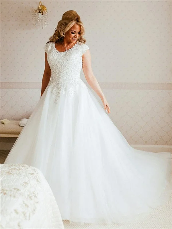 A-line Round Neck Cap Sleeves Lace Top Tulle Wedding Dresses, WD0447 Chic Lace Dress