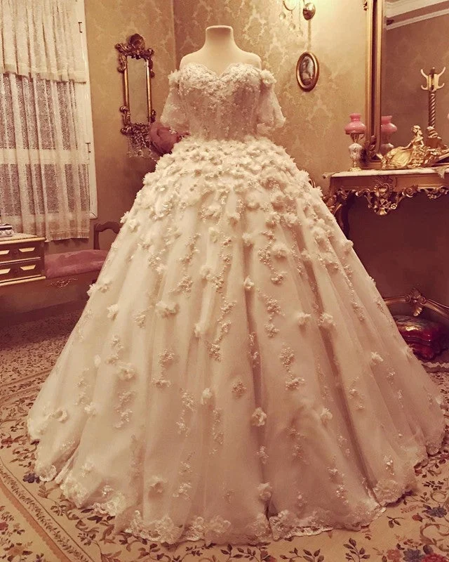 Princess Ball Gown Wedding Dress 3D Floral Lace Flowers Off Shoulder Chic Bridal Gown