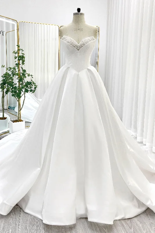 Ball Gown Chapel Train Satin Wedding Dress CW3272 Off-shoulder Gown