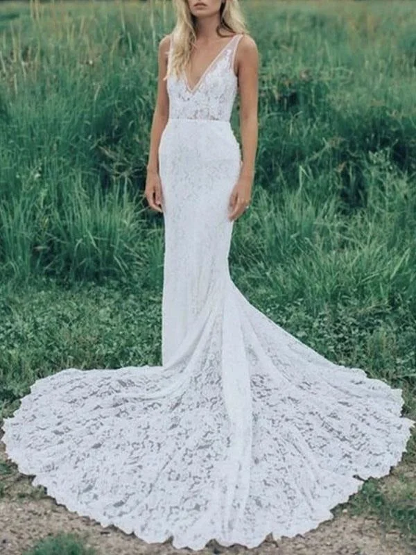 Boho Wedding Dresses Mermaid V Neck Sleeveless Lace Beach Bridal Dress With Train Illusion Neckline Gown