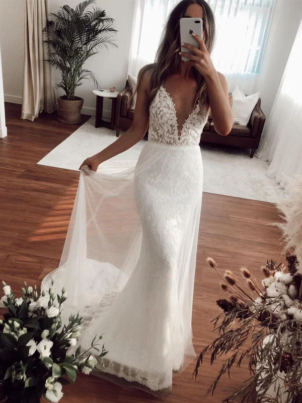 Charming Spaghetti Strap V-neck Lace Mermaid Long Cheap Wedding Dresses, WDS0059 Lace Train Dress