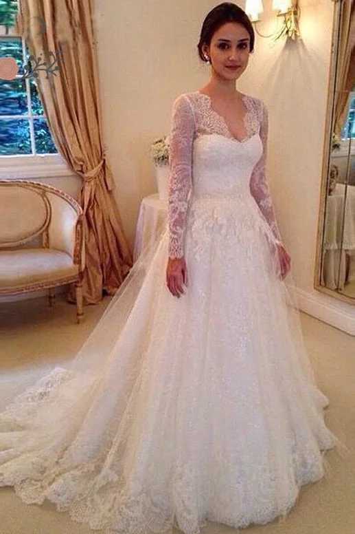 Charming V Neck Long Sleeves Sweep Train Lace Wedding Dresses Timeless Wedding Dress