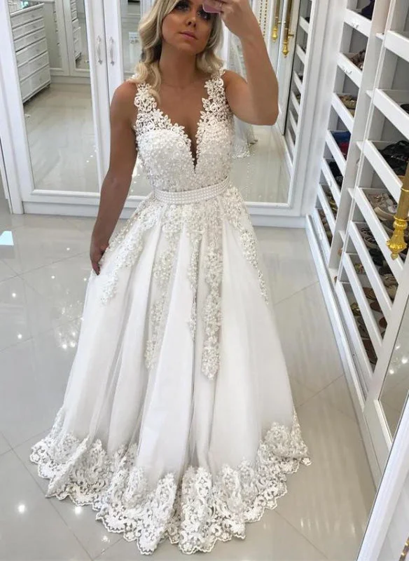 Elegant Ivory Lace and Appliques Wedding Dresses Ruffle Wedding Gown