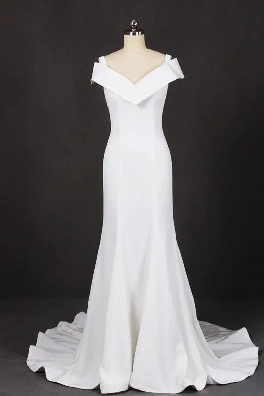 Mermaid V Neck Off White Simple Wedding Dress Unique Long Bridal Dress N2305 Elegant Bridal Gown