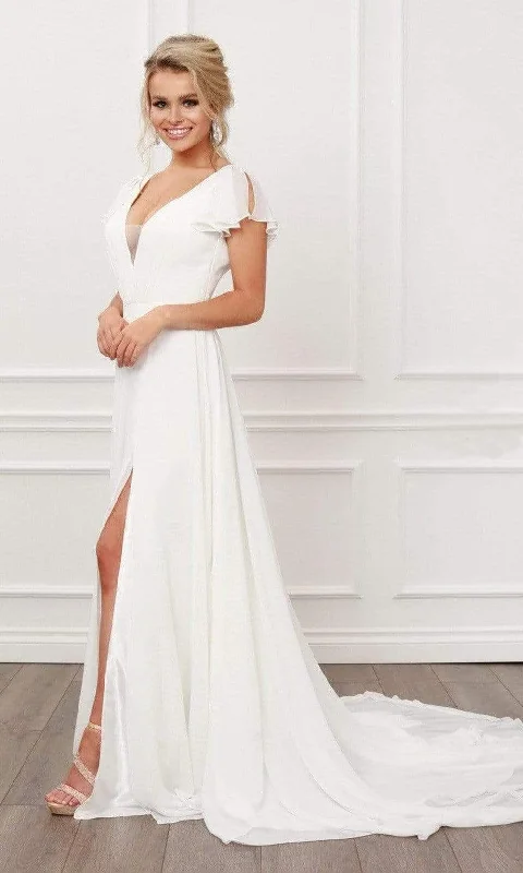 Nox Anabel - R471 V Neck Soft Flowy A-line Dress Glamorous Wedding Dress