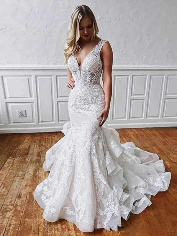 V Neck Sleeveless Backless Covered Button Mermaid Wedding Dresses Wedding Gown Set