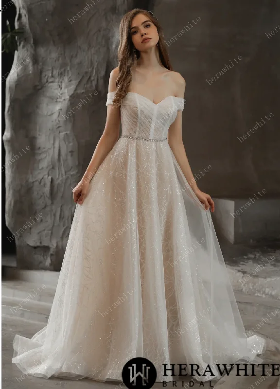 Shimmer Off-The-Shoulder Neckline A-line Tulle Wedding Dress Strapless Bridal Dress