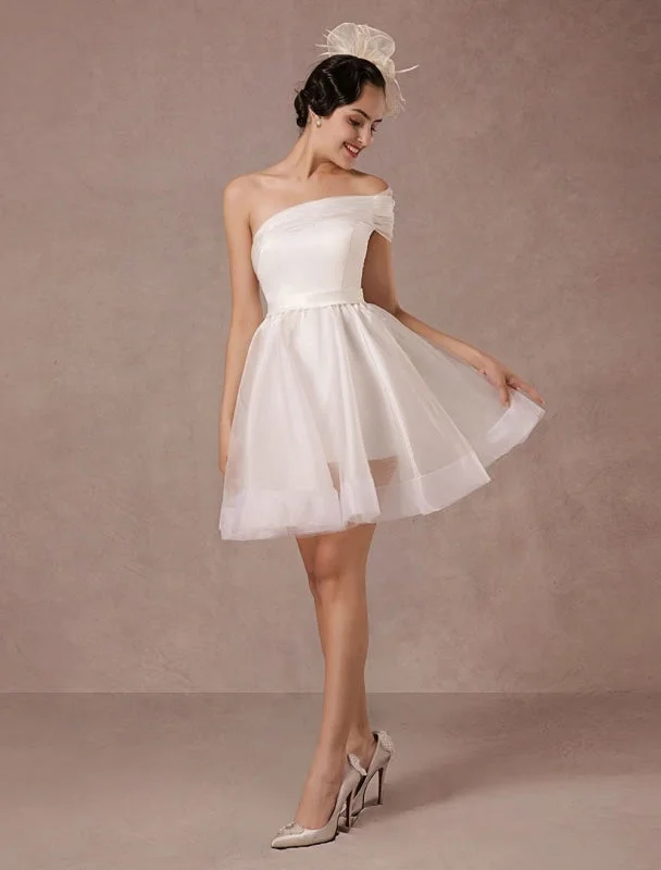 Short Wedding Dress Organza One-Shoulder A-Line Backless Satin Mini Summer Wedding Dresses 2021 Off-shoulder Bridal Dress