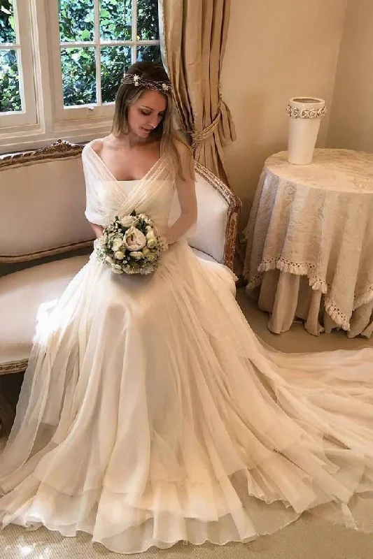 Simple Unique Elegant Chiffon Beach Wedding Dress With Wrap Sleeves Bridal Dress N1769 Lace Boho Dress