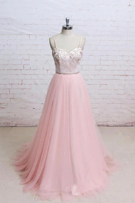 Spaghetti Straps Pink Lace Flora Tulle Sweetheart Backless Wedding Dress Prom Dress N820 Illusion Neckline Gown