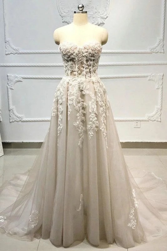 Strapless Lace-up Beaded Appliques A-line Wedding Dress Full Length Gown