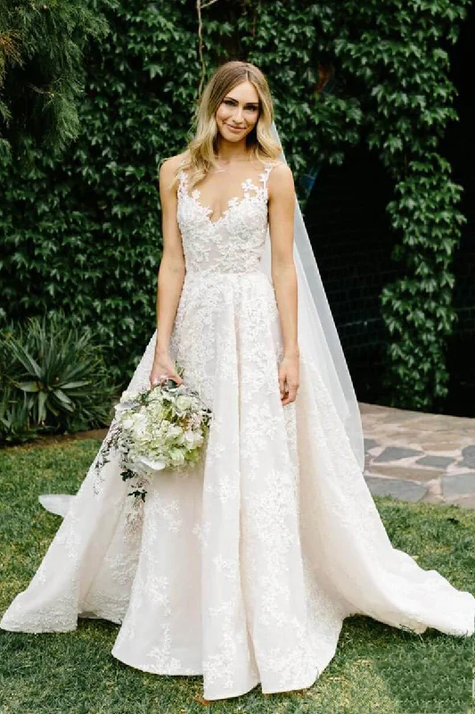 Vintage Lace Wedding Gowns Illusion Neck Sleeveless Wedding Dress With Train N1283 Glamorous Wedding Dress