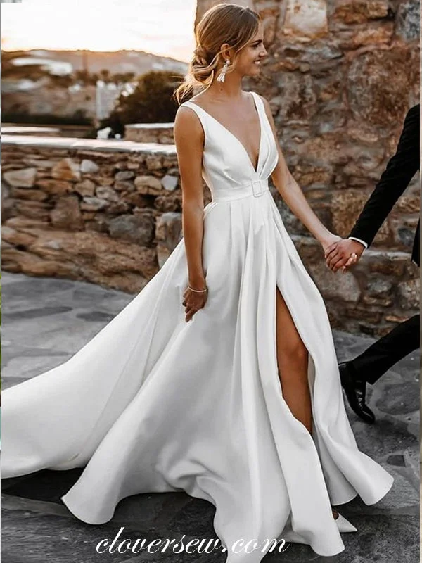 White Satin V-neck Sleeveless A-line With Slit Wedding Dresses, CW0332 Full Length Gown