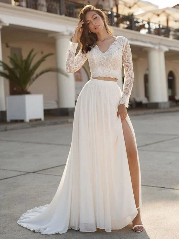 White Simple Wedding Dress Chiffon V-Neck Long Sleeves Cut Out A-Line Split Lace Bridal Gowns Beautiful Bridal Gown