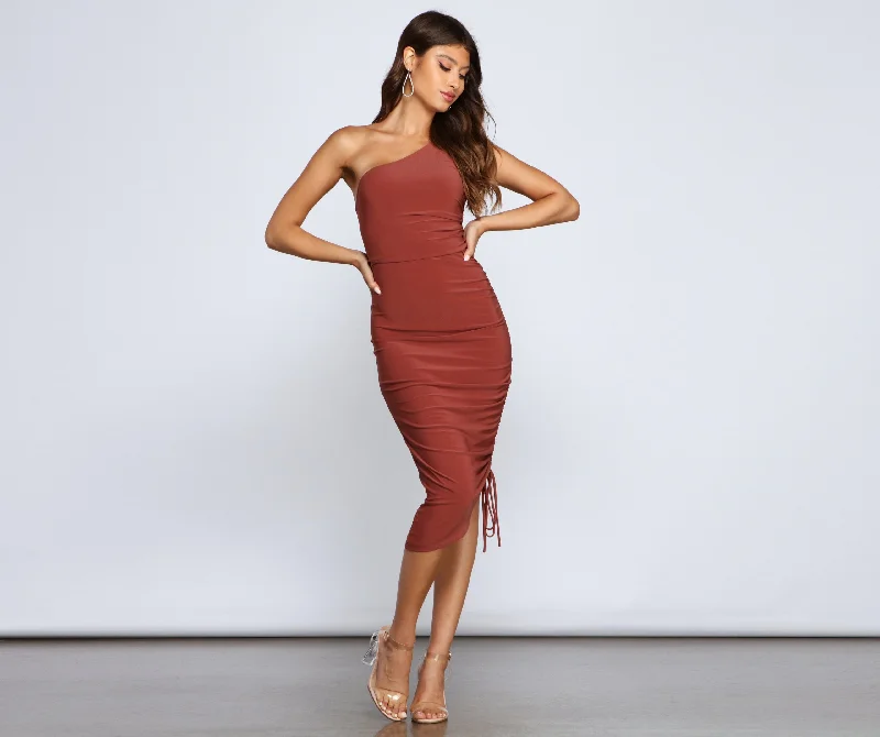 Eve One-Shoulder Stylish Ruched Midi Dress Red carpet midi dresses