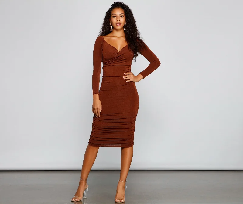 Melissa Long Sleeve Charming Ruched Midi Dress Silk midi dresses