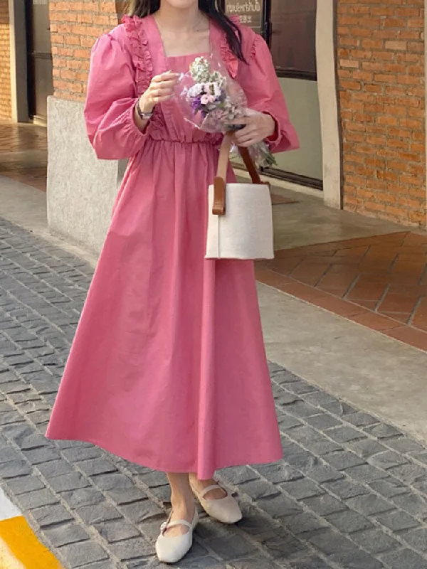 Puff Sleeve Pleating Leisure Holiday Casual Women Midi Dress Best midi dresses for date night