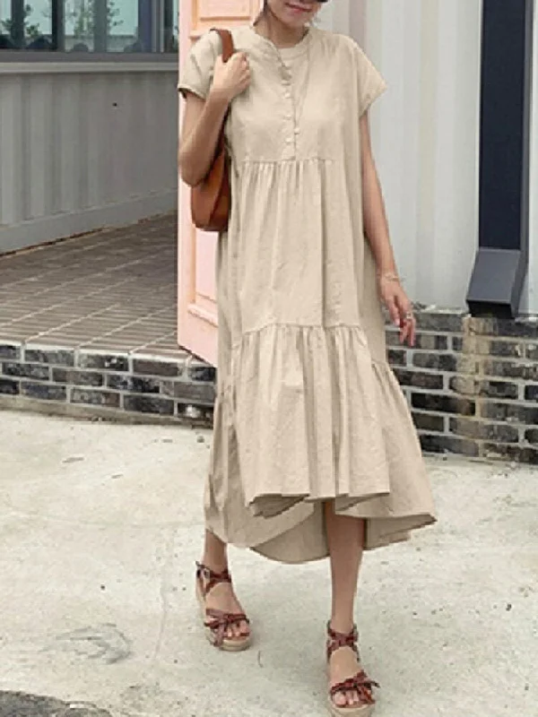 Pure Color Tiered Button Front Cap Sleeve Casual Midi Shirt Women Midi Dress Flattering midi dresses for all body types