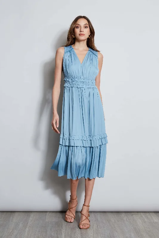 T-Tahari Smocked Sleeveless Midi Dress Summer party midi dresses