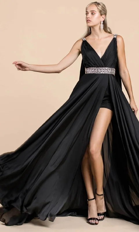 Ladivine A0065 - Caped with Satin High Slit Evening Dress Wrap party dresses