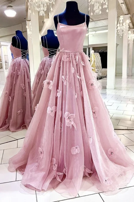 A Line Backless Pink Floral Long Prom Dress, Pink Floral Formal Graduation Evening Dress Floral dresses under $100