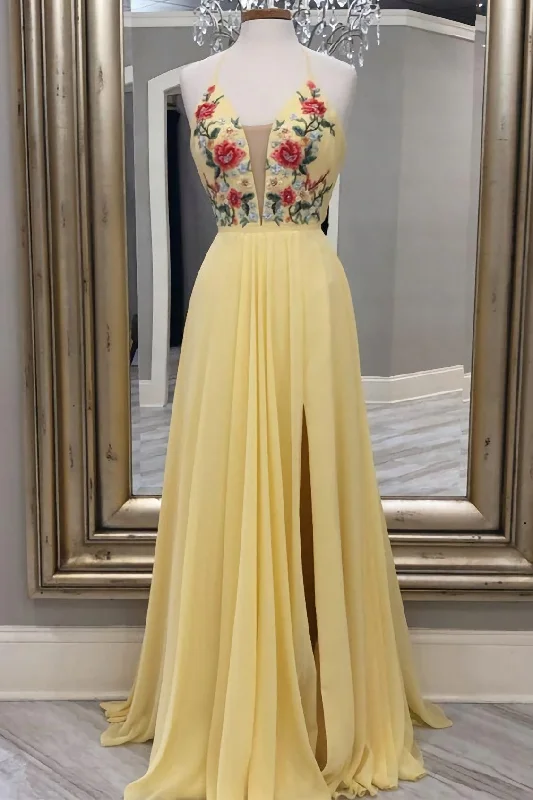 A Line Yellow Floral Embroidery Long Prom Dress, With Side Slit Affordable floral dresses