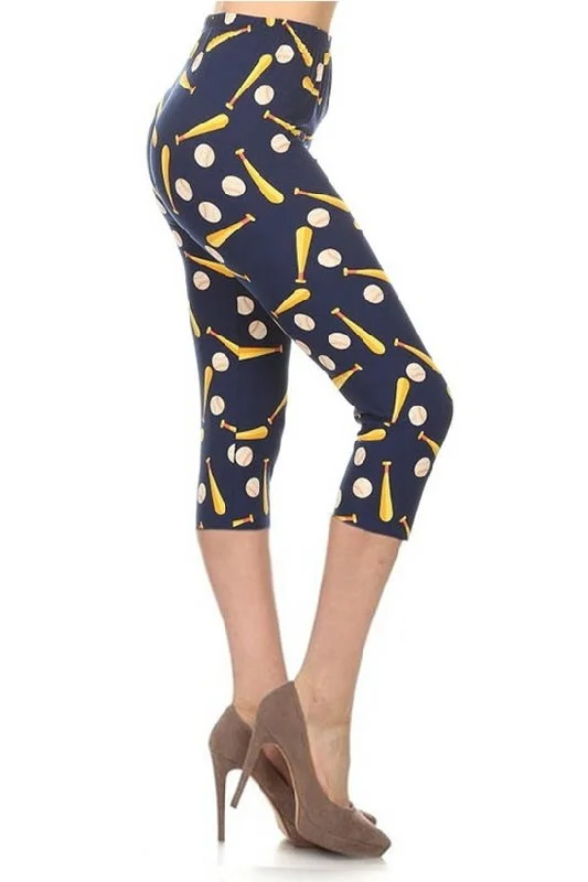 Baseball Printed, High Waisted Capri Leggings In A Fitted Style With An Elastic Waistband Corset floral dresses