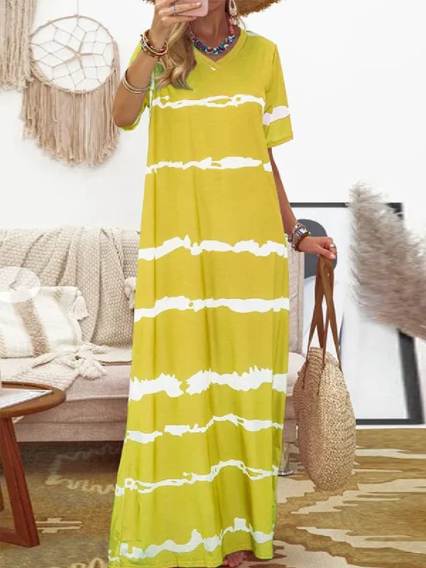 Printed Striped Long V-Neck Dress Women Midi floral dresses