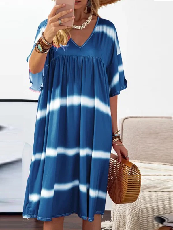 Printed Striped Long V-Neck Dress Women Casual floral dresses