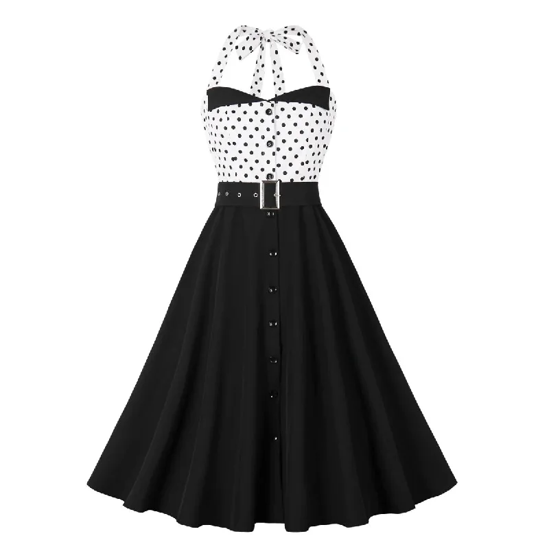 Strapless Sexy Halter Vintage Casual Flare Patchwork White Black Polka Dot Print Elegant Short Evening Holiday Swing Dress Wedding guest floral dresses