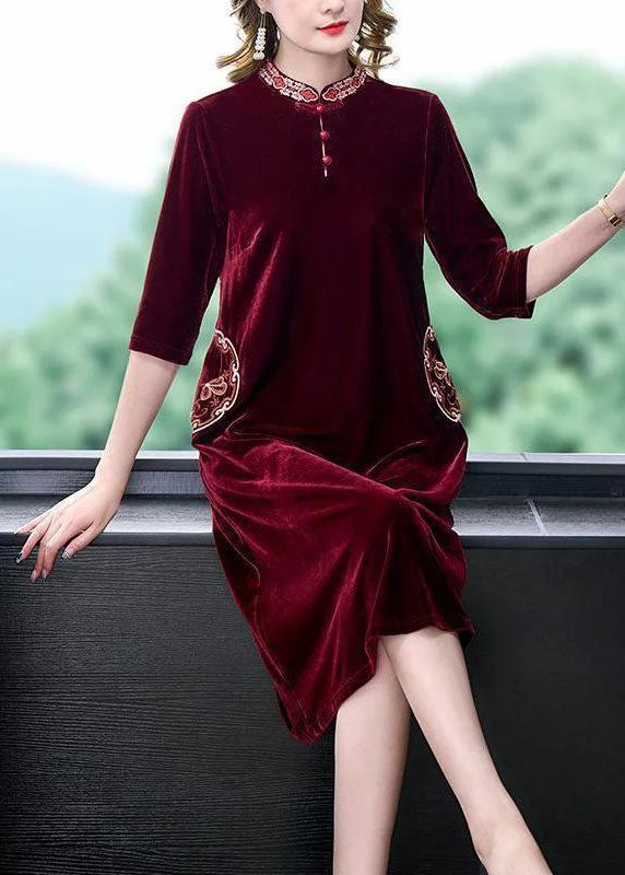 Art Mulberry Mandarin Collar Embroideried Silk Velour A Line Dress Half Sleeve LY1675 Minimalist unclassified dresses