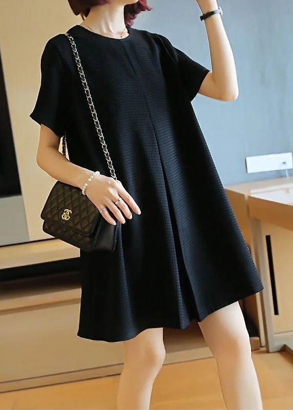 Black Cotton A Line Dress O-Neck Wrinkled Summer LY1422 Tiered unclassified dresses