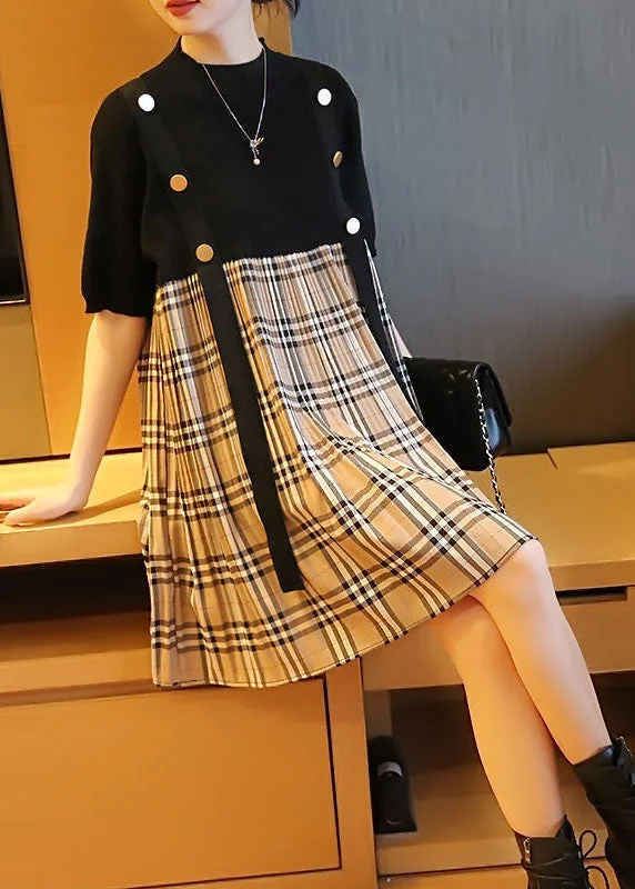 Black Patchwork Knit Fake Two Piece Dress Oversized Plaid Summer LY1448 Date night unclassified dresses