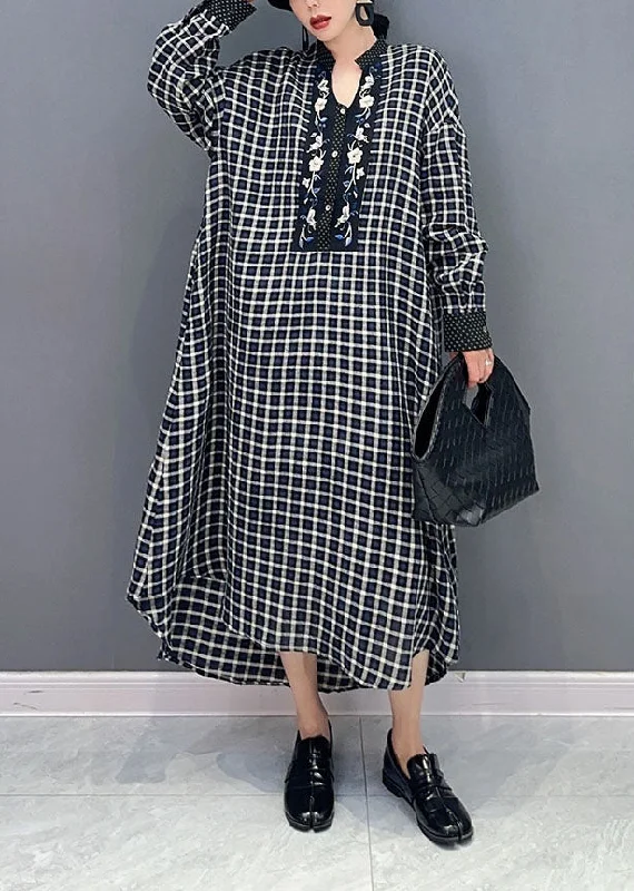 Black Plaid Cotton Robe Dresses Stand Collar Oversized Spring LY1573 Budget-friendly unclassified dresses